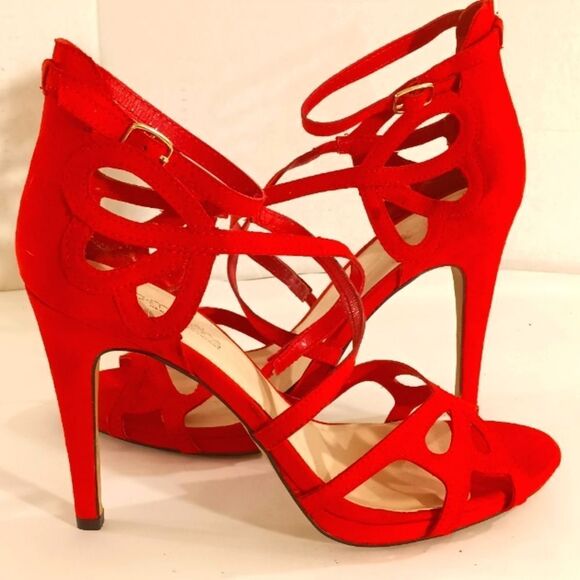 Eva Mendes Siren Red Faux Suede 4" Strappy Peep Toe Stiletto Heels Sz 8 - Picture 1 of 8